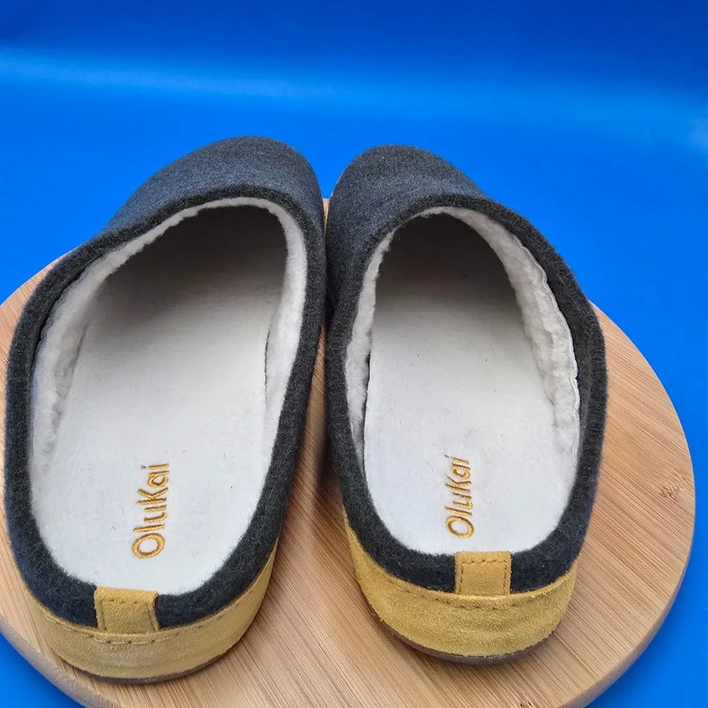 OluKai Men's Hanani Hulu Wool Felt Lined Mules Slippers Size 12 Green Yellow New